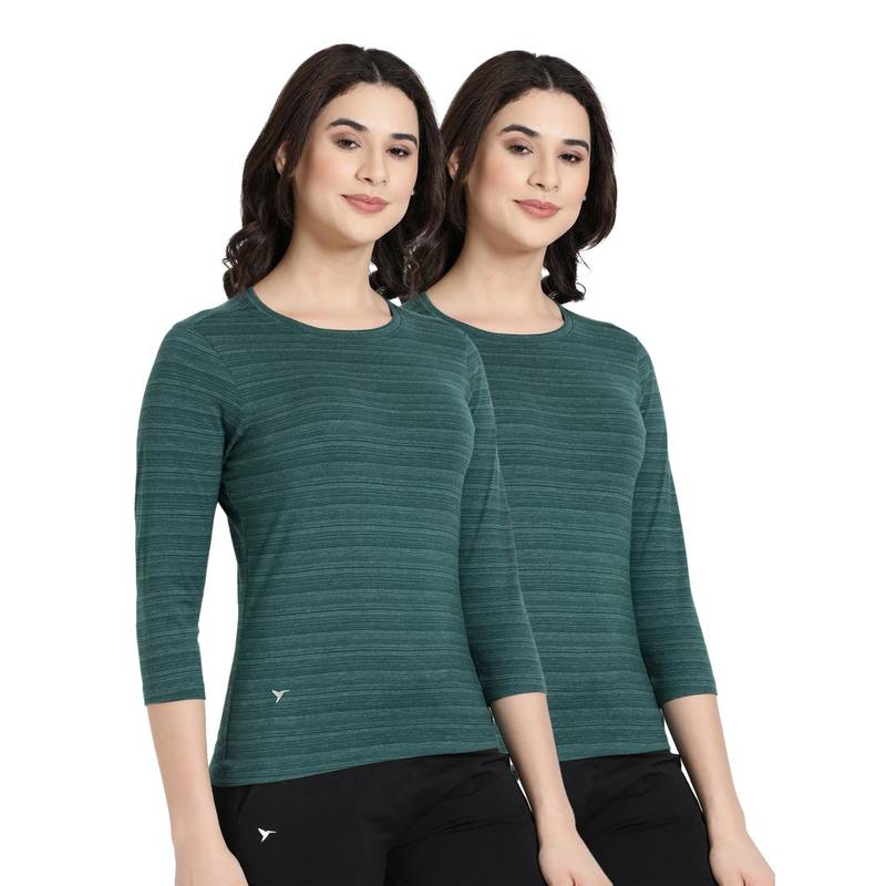 BLOSSOM Womens Striped Melange Soft Cotton T-Shirt Green (Pack of 2) (S)