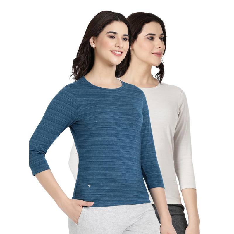 BLOSSOM Womens Striped Melange Soft Cotton T-Shirt Multi-Color (Pack of 2) (S)