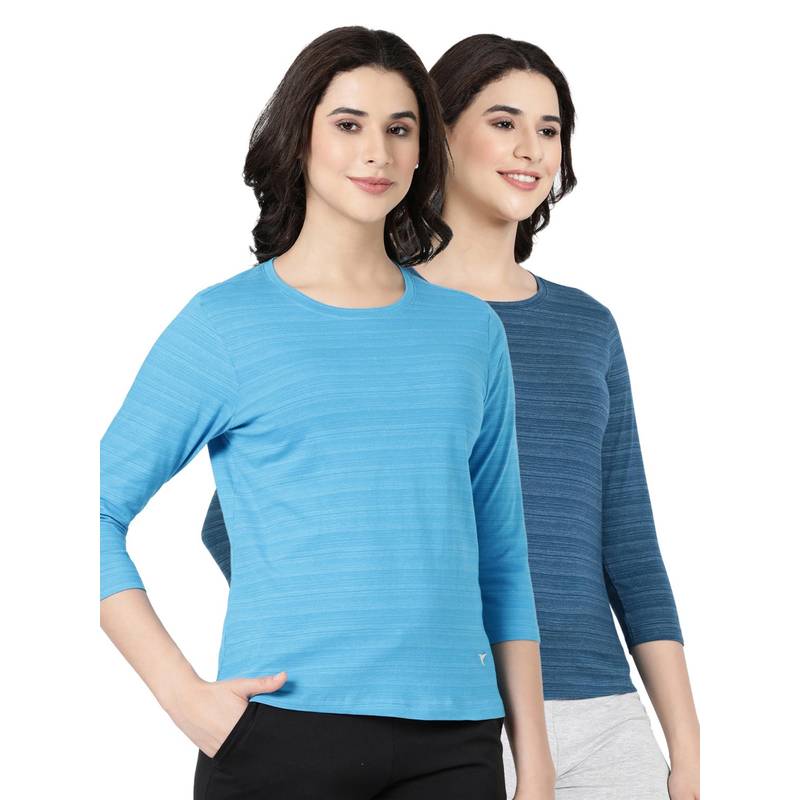 BLOSSOM Womens Striped Melange Soft Cotton T-Shirt Multi-Color (Pack of 2) (S)