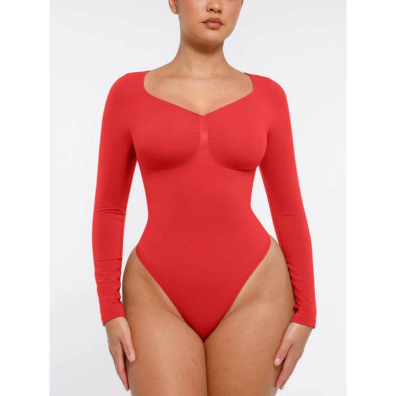 Shop The Edit Seamless Long Sleeve Tummy Control Bodysuit Red (M)