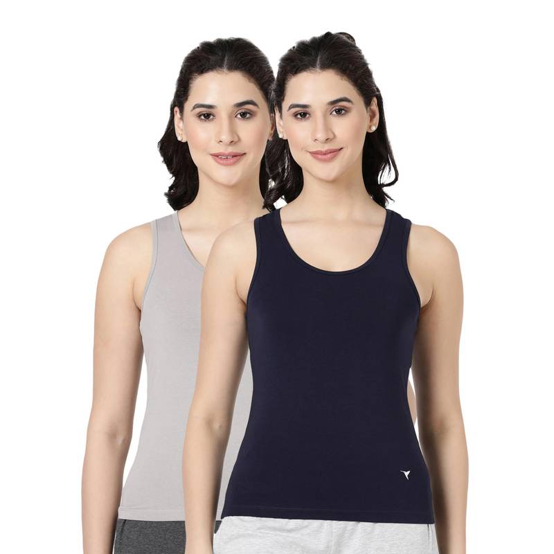 BLOSSOM Womens Knitted Cotton Featuring Wide Neck Tank Top Multi-Color (Pack of 2) (S)
