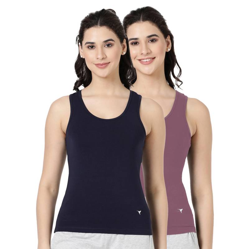 BLOSSOM Womens Knitted Cotton Featuring Wide Neck Tank Top Multi-Color (Pack of 2) (M)