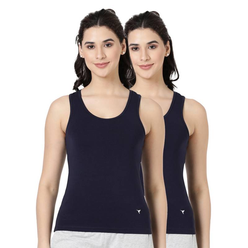 BLOSSOM Womens Knitted Cotton Featuring Wide Neck Tank Top Navy Blue (Pack of 2) (M)