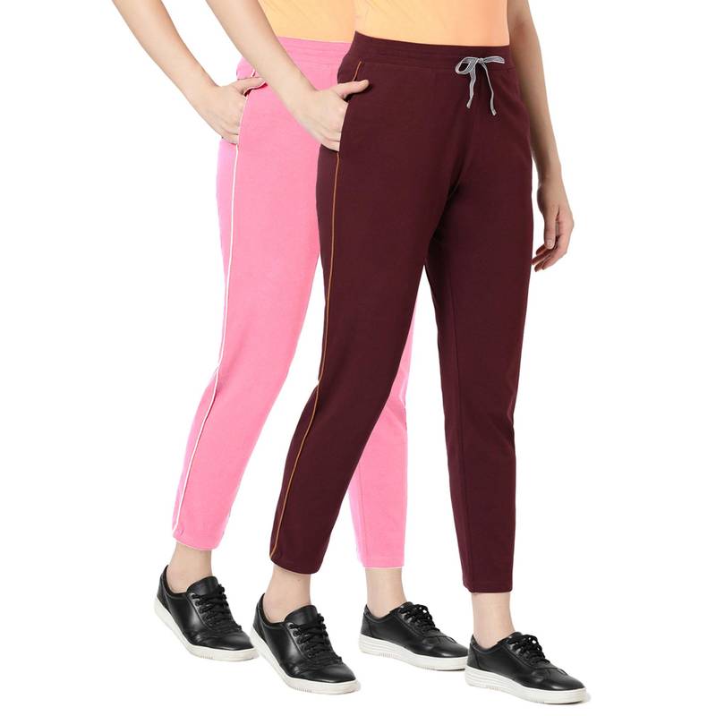 BLOSSOM Womens Cotton Pants with Pockets Contrast Piping Multi-Color (Pack of 2) (S)