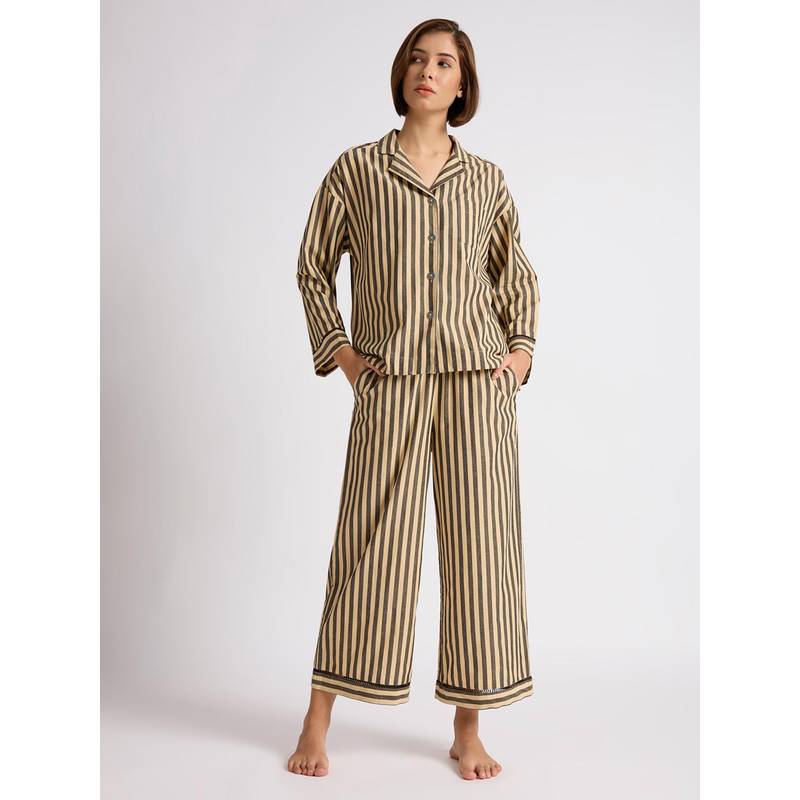 Chemistry Cotton Striped Lace Insert Nightsuit Beige (S)