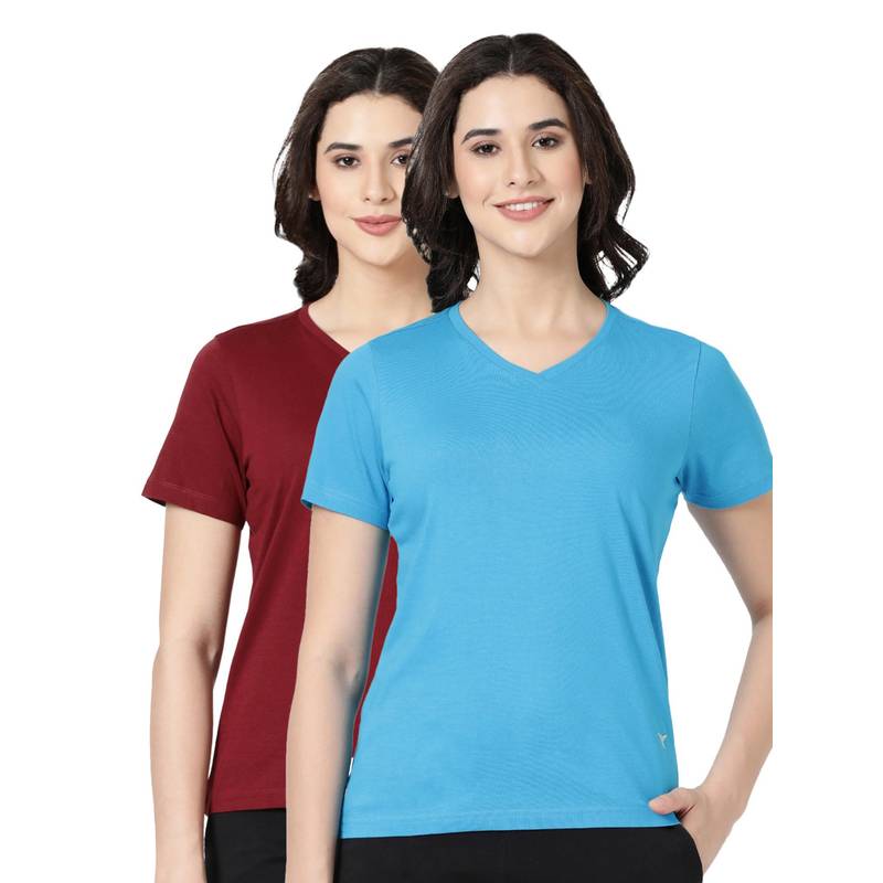BLOSSOM Womens 100% Knitted Cotton T-Shirt Multi-Color (Pack of 2) (S)