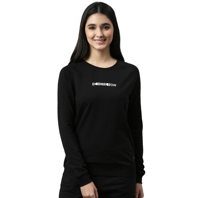 Enamor Womens Essentials E079-Long Sleeve Round Neck Relaxed Fit Sweatshirt,Jet Black (L)