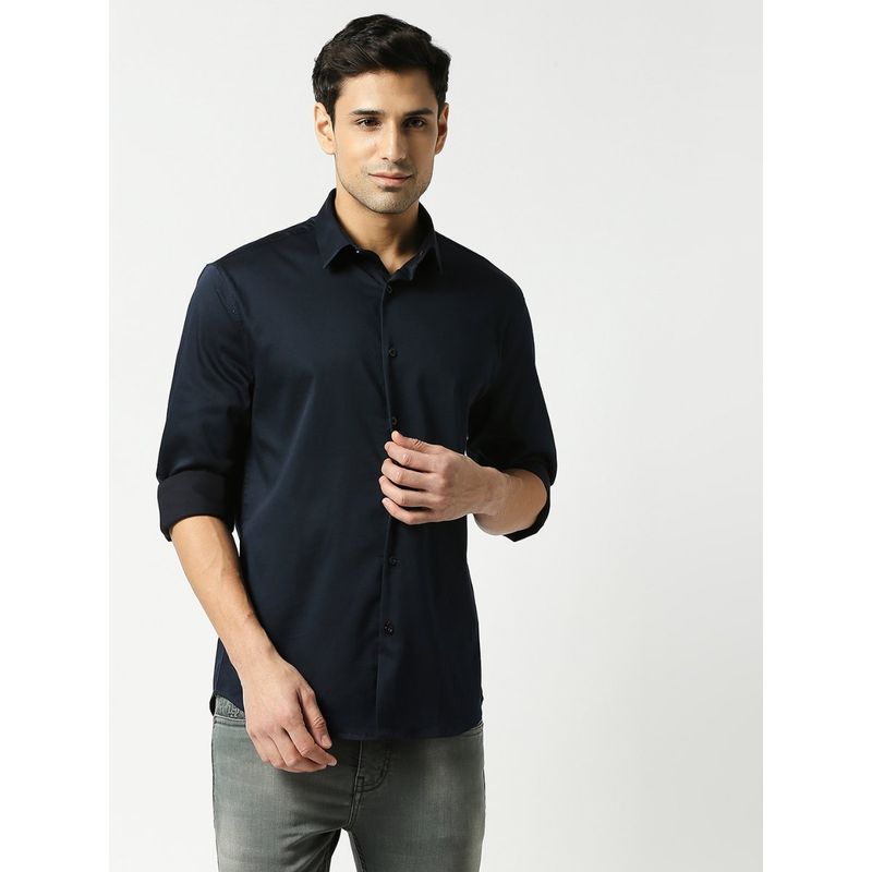 Dragon Hill Full Sleeves Navy Blue Satin Lycra Shirt (M)