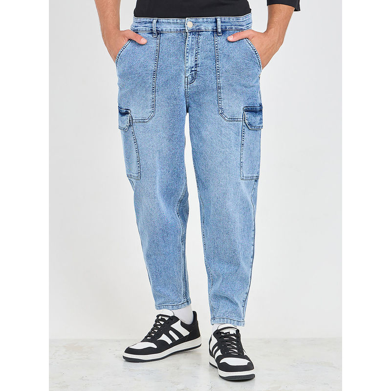 Styli Mens Light Blue Cotton Balloon Fit Light Wash Cargo Denim Jeans (XL)