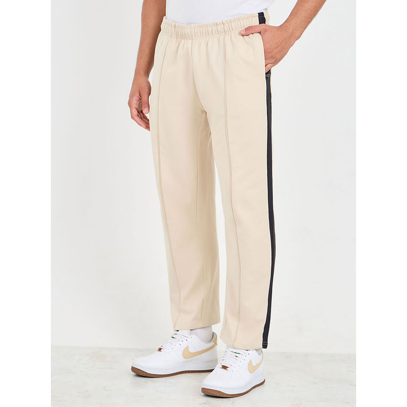 Styli Mens Beige Cotton Side Contrast Open Hem Relaxed Fit Trackpant with Zip Pockets (S)
