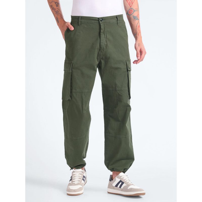 Flying Machine Mid Rise Textured Cargo Pants- Green (30)