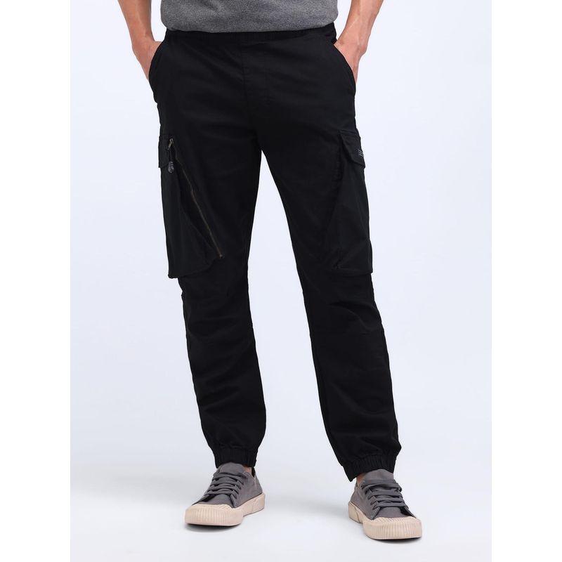 Flying Machine Jogger Fit Solid Cargo Trousers- Black (36)