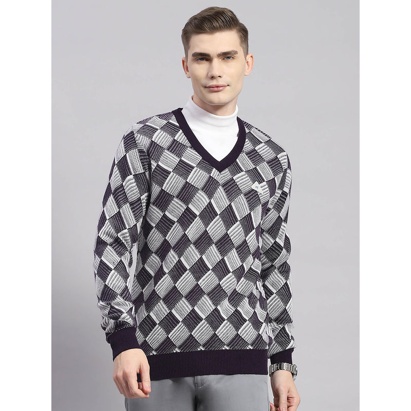 Monte Carlo Brinjal Woven V-Neck Sweater (M)