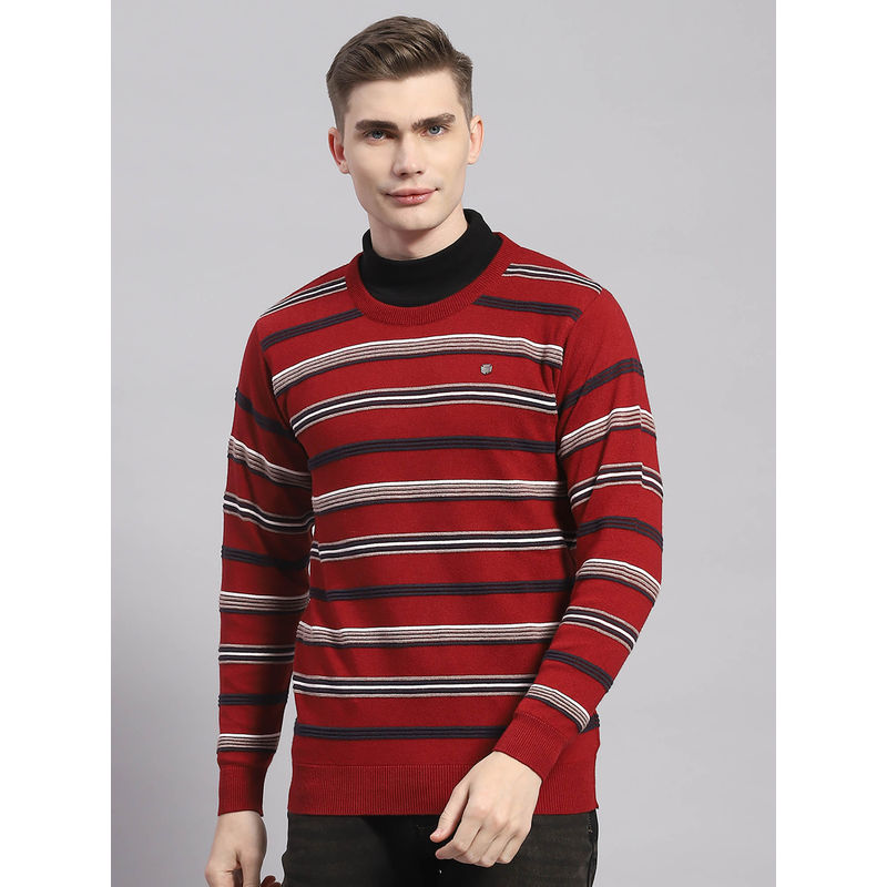 Monte Carlo Maroon Striped Round Neck Sweater (3XL)