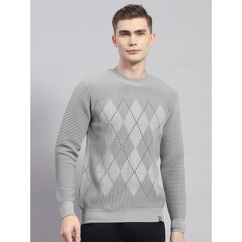Monte Carlo Light Grey Woven Round Neck Sweater (XL)