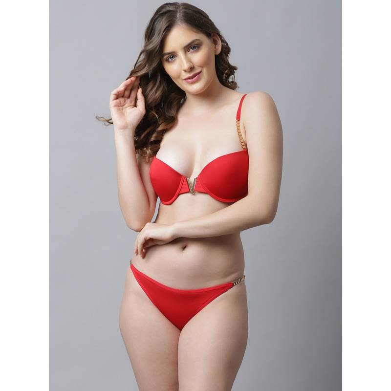 Prettycat Beautiful Chain Strap Plunge Bra Panty Lingerie Set - Red (34C)