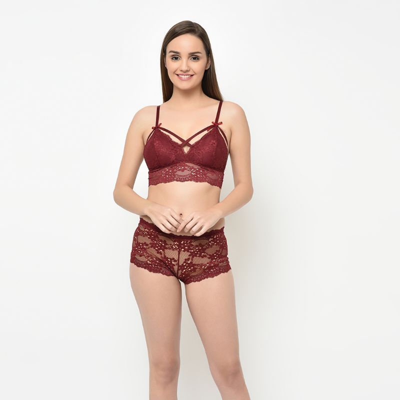 Da Intimo Lacy Criss Cross Pretty Back Bralette Set - Maroon (32C)