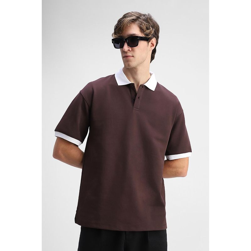 Snitch Men Brown Collar Neck Oversized Fit Polo T-Shirt (M)
