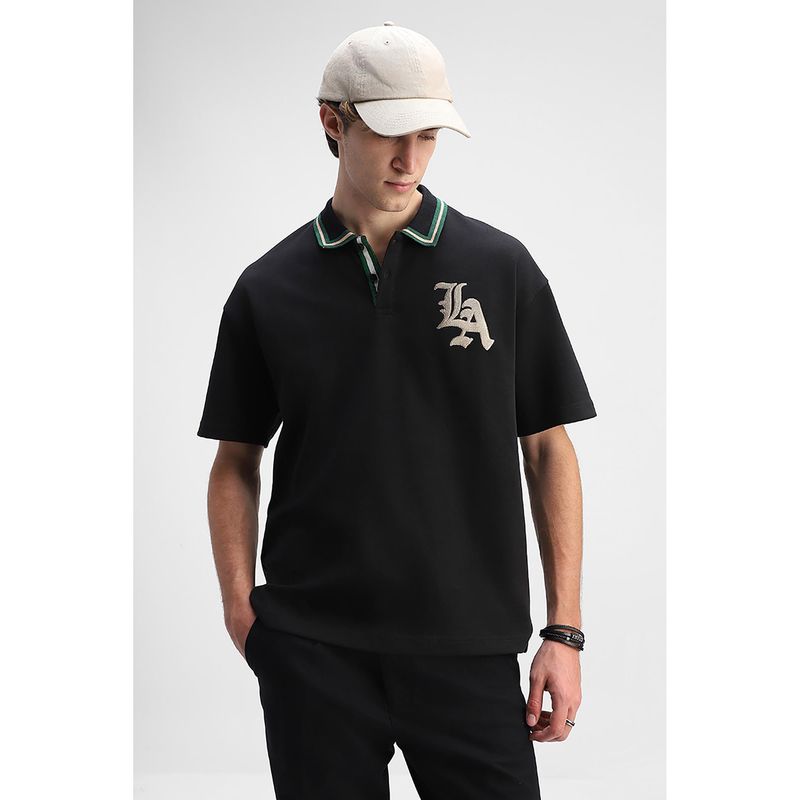 Snitch Men Black Collar Neck Oversized Fit Polo T-Shirt (XL)