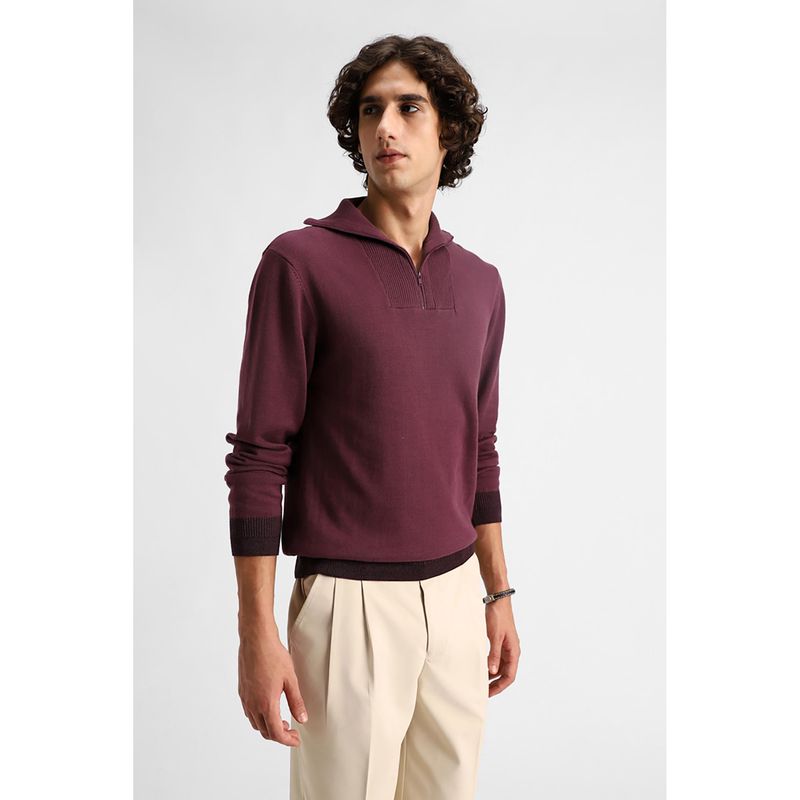 Snitch Men Burgundy Collar Neck Regular Fit Sweater (M)