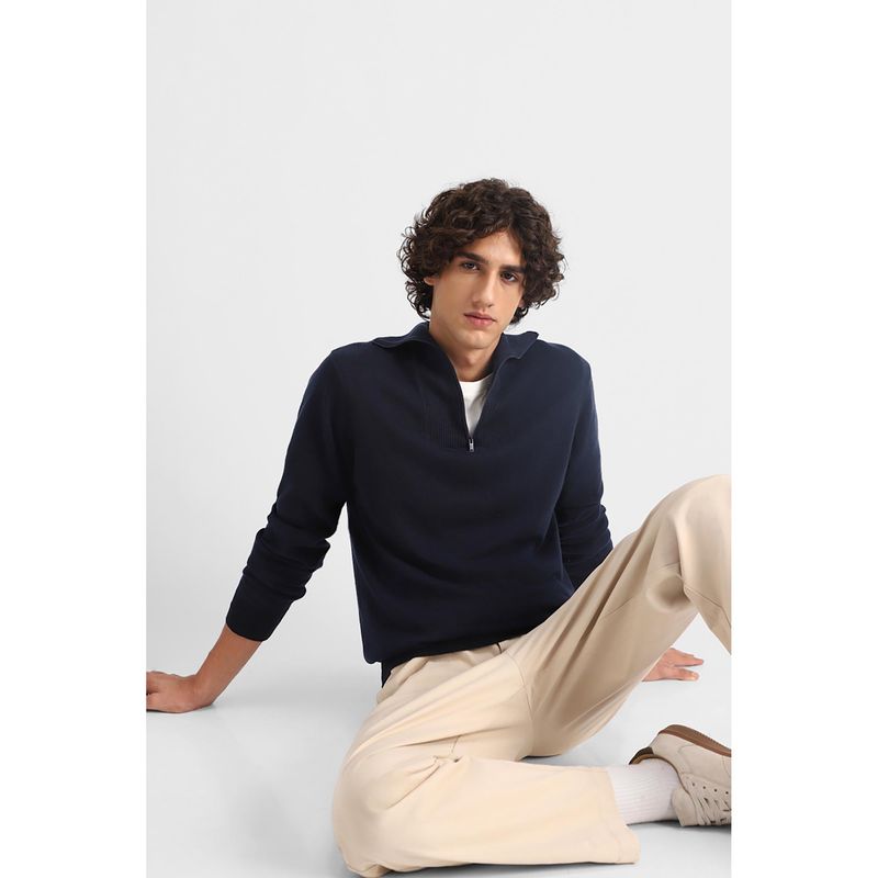 Snitch Men Navy Blue Collar Neck Regular Fit Sweater (XL)