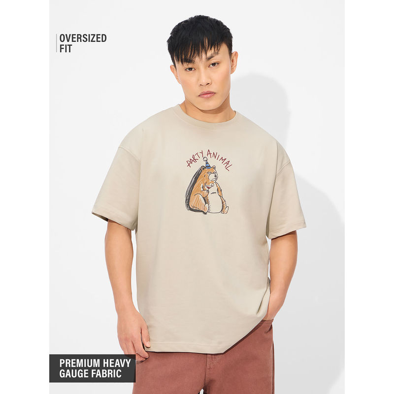 The Souled Store Beige Party Animal Oversized T-Shirt (2XL)