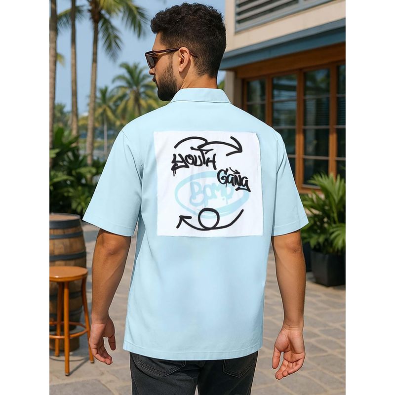 Bewakoof Men's Light Blue Youth Gang Graphic Printed Oversized Shirt (XL)