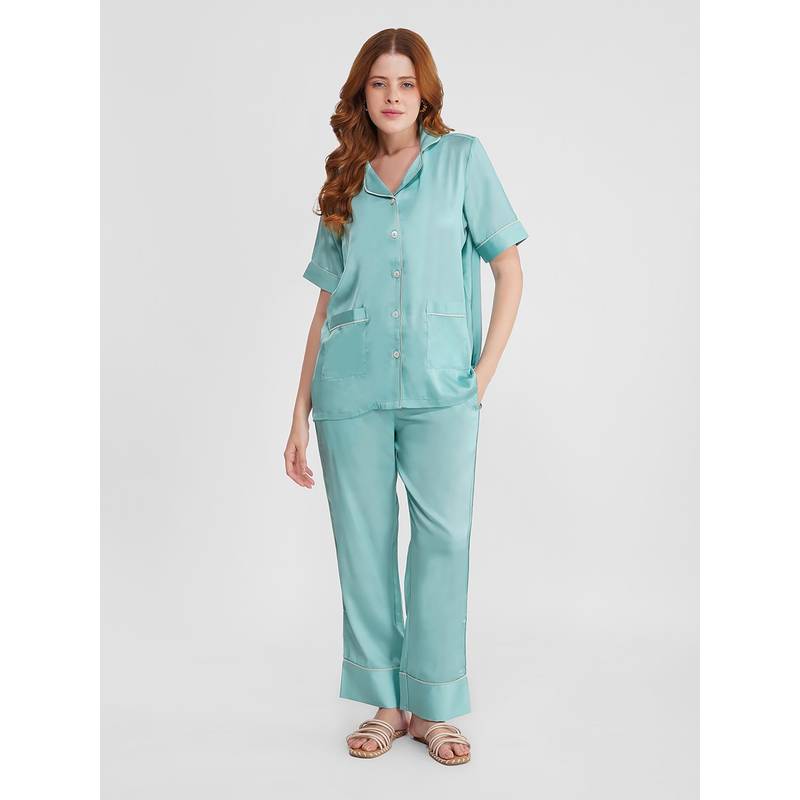 Noite Luxe Satin Sleepwear Night Suit – Printed Shirt & Pyjama Set (XS)