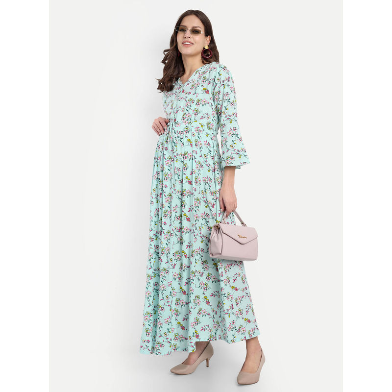 Turquoise Green Cotton Floral V-Neck Maternity/Feeding Long Dress