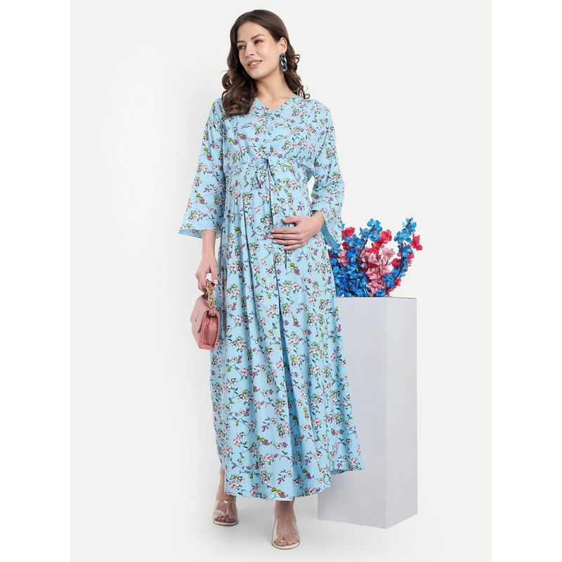 Light Blue Cotton Floral V-Neck Maternity/Feeding Long Dress