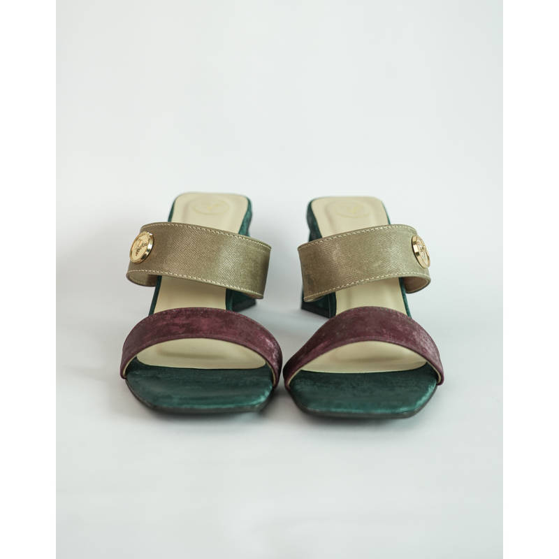 Sana K Luxurious Footwear Green Square Toe Slip-On Closure Multi Logo Unicorn Sandal Heels (EURO 37)