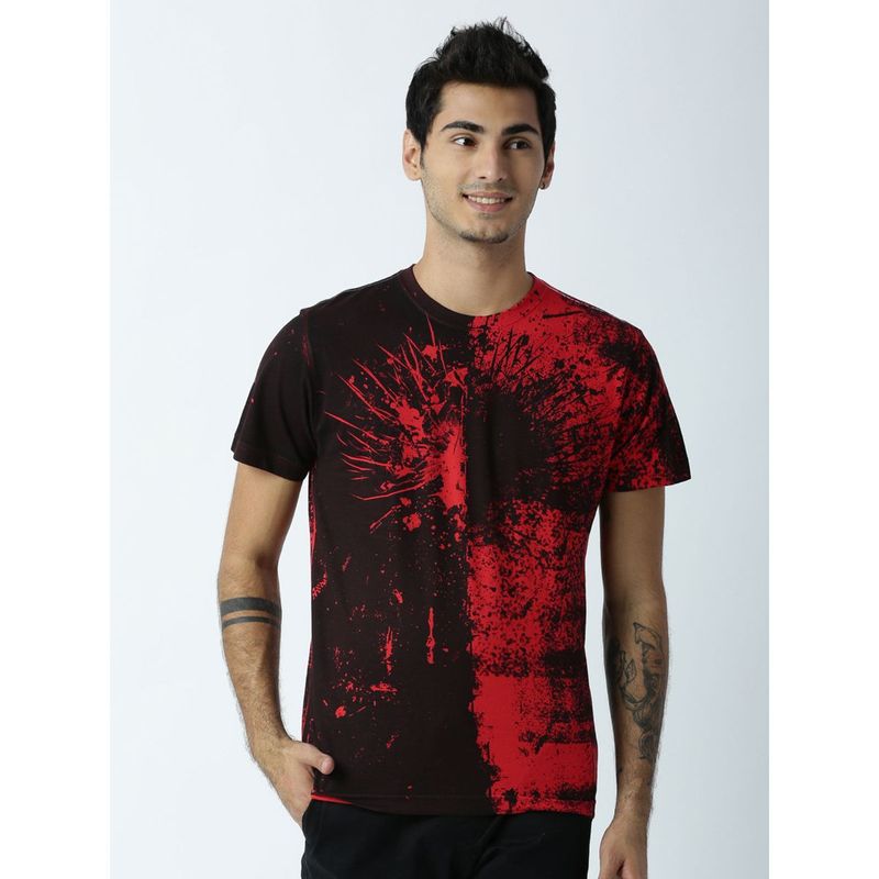 Huetrap Mens Printed Round Neck Red T-Shirt (L)