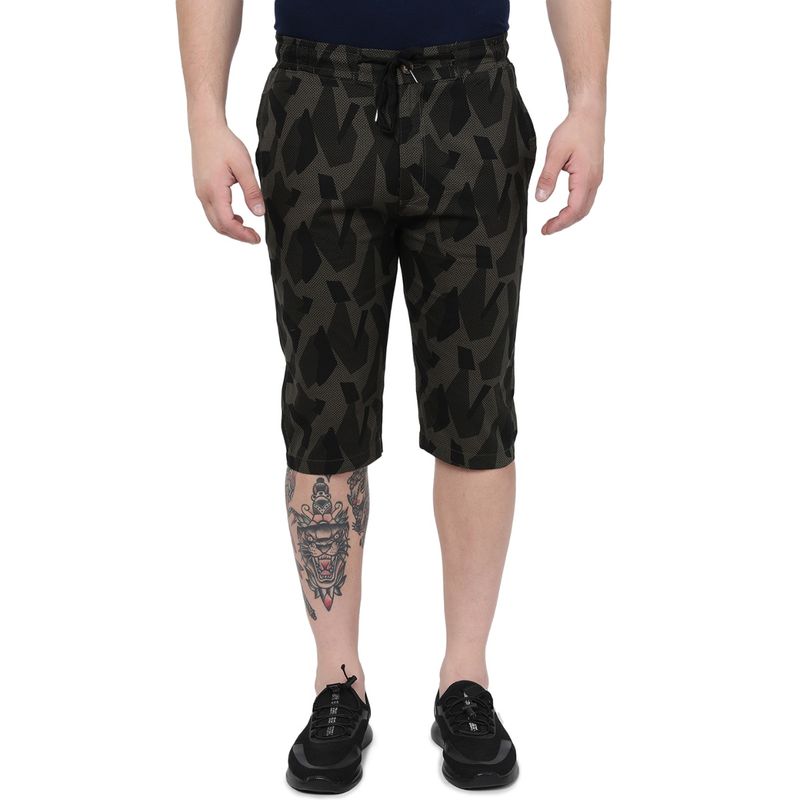 JadeBlue Men Olive Camo Cotton Slim Fit Capri Shorts (40)