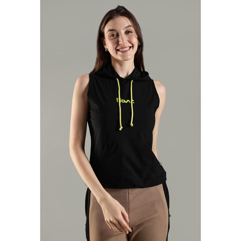 DOMIN8 Women's Sleeveless Hoodie with Kangaroo Pocket and Neon Drawstring-Black (S)