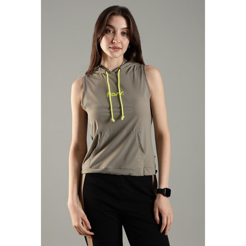 DOMIN8 Women's Sleeveless Hoodie with Kangaroo Pocket and Neon Drawstring-Olive (M)