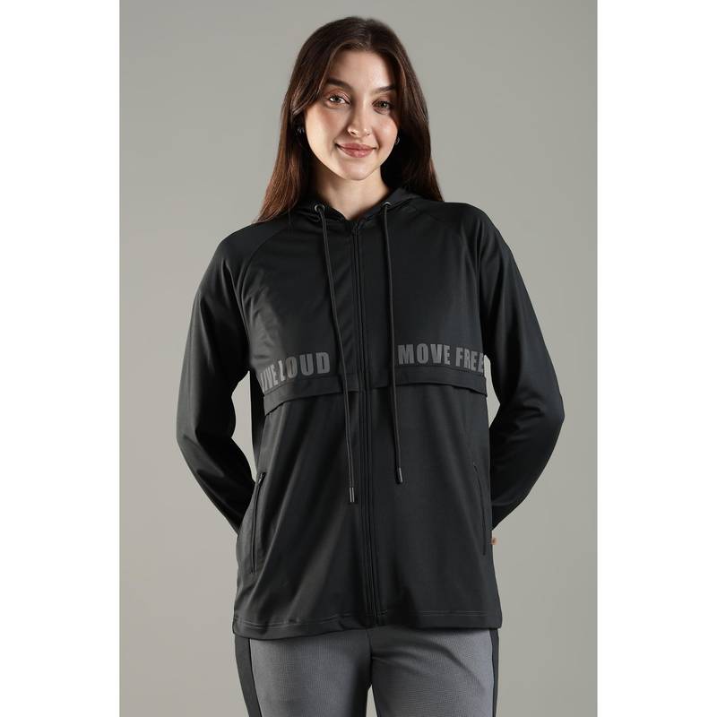 DOMIN8 Women's Raglan Sleeve Hoodie with Stylish Flap and Functional Zipper Pockets-Black (S)