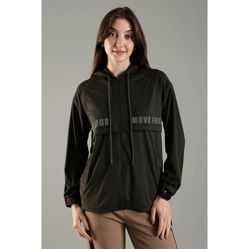 DOMIN8 Women's Raglan Sleeve Hoodie with Stylish Flap and Functional Zipper Pockets-Olive (S)