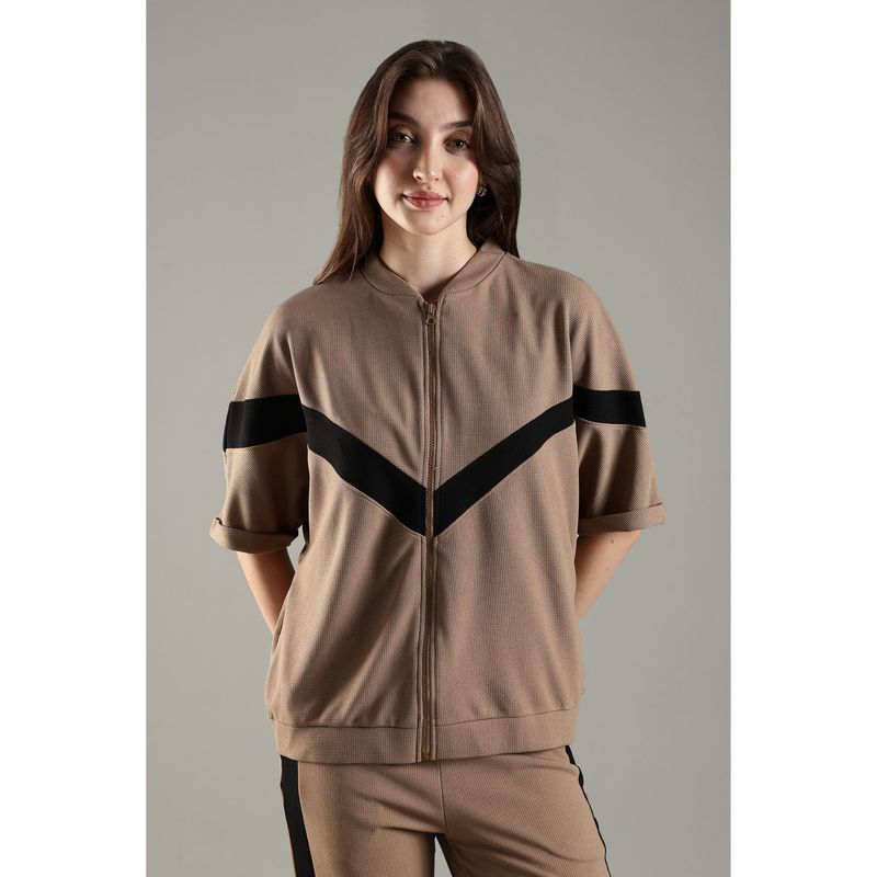 DOMIN8 Women's Short Sleeve Textured Jacket-Brown (S)