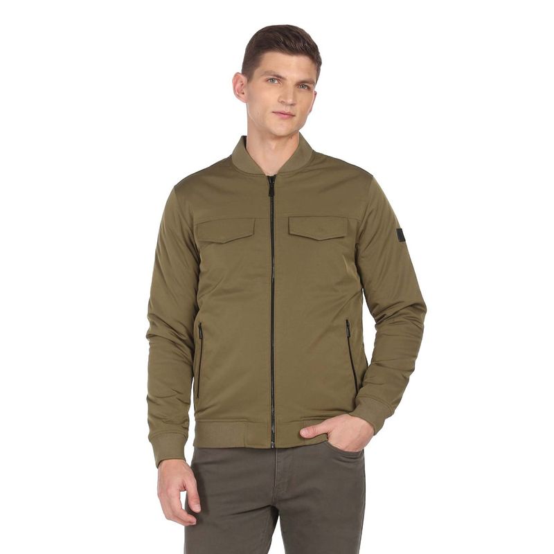 Arrow Newyork Men Olive Stand Neck Solid Bomber Jackets (L)