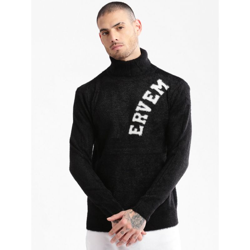 SHOWOFF Mens Turtle Neck Long Sleeves Self Design Black Pullover (S)