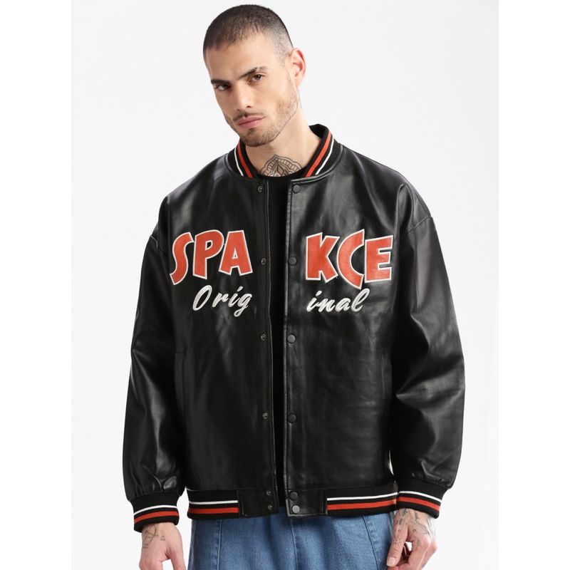 SHOWOFF Mens Black Typography Leather Oversized Jacket (L)