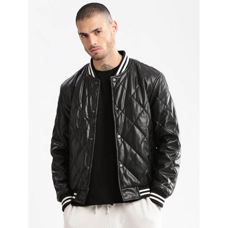 SHOWOFF Mens Black Solid Leather Jacket (L)