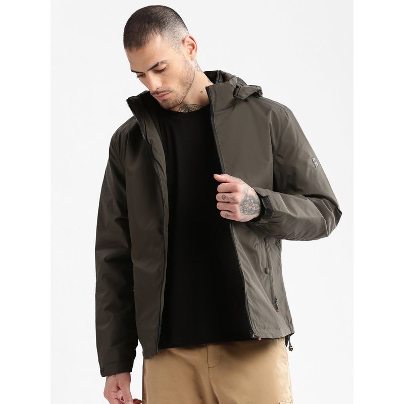 SHOWOFF Mens Olive Solid Tailored Oversized Jacket with Detachable Hood & Inner (Set of 2) (XL)