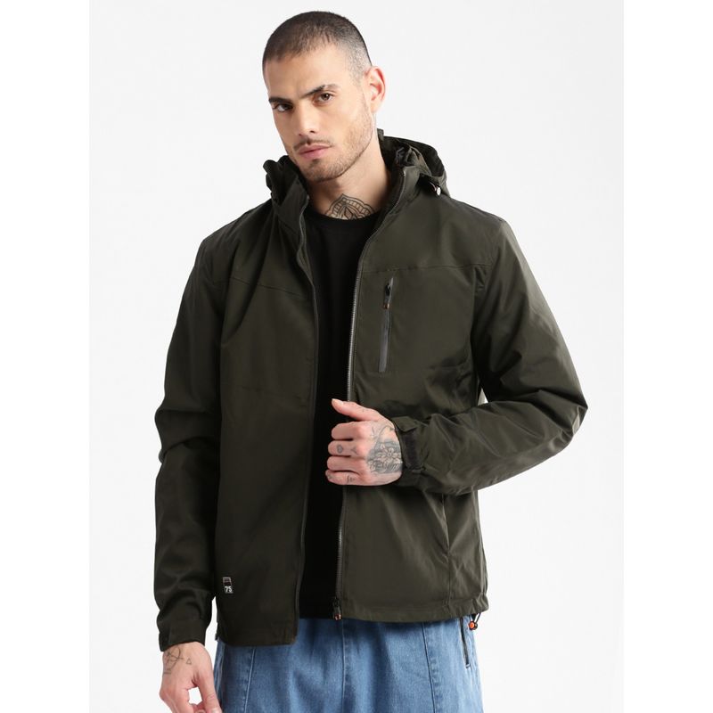 SHOWOFF Mens Olive Solid Tailored Oversized Jacket with Detachable Hood & Inner (Set of 2) (L)