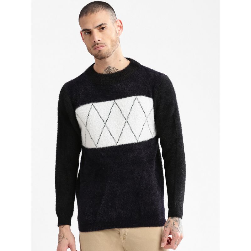 SHOWOFF Mens Round Neck Self Design Black Pullover (M)