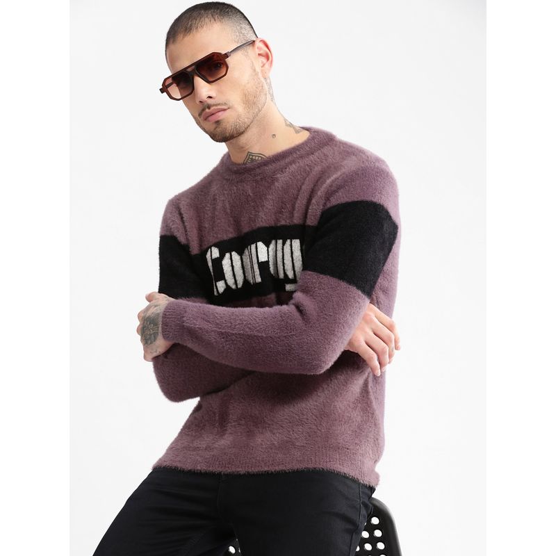 SHOWOFF Mens Round Neck Typography Mauve Pullover (M)