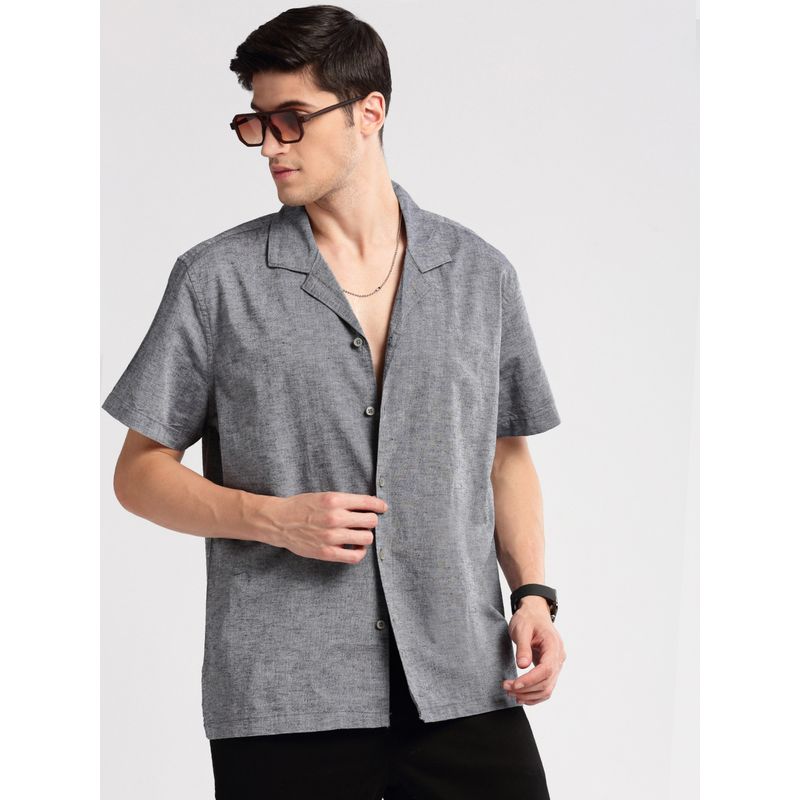 SHOWOFF Mens Short Sleeves Cuban Collar Cotton Solid Grey Casual Shirt (L)