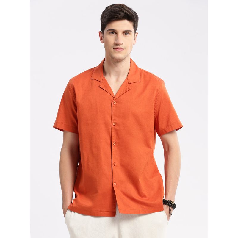 SHOWOFF Mens Short Sleeves Cuban Collar Cotton Solid Orange Casual Shirt (S)