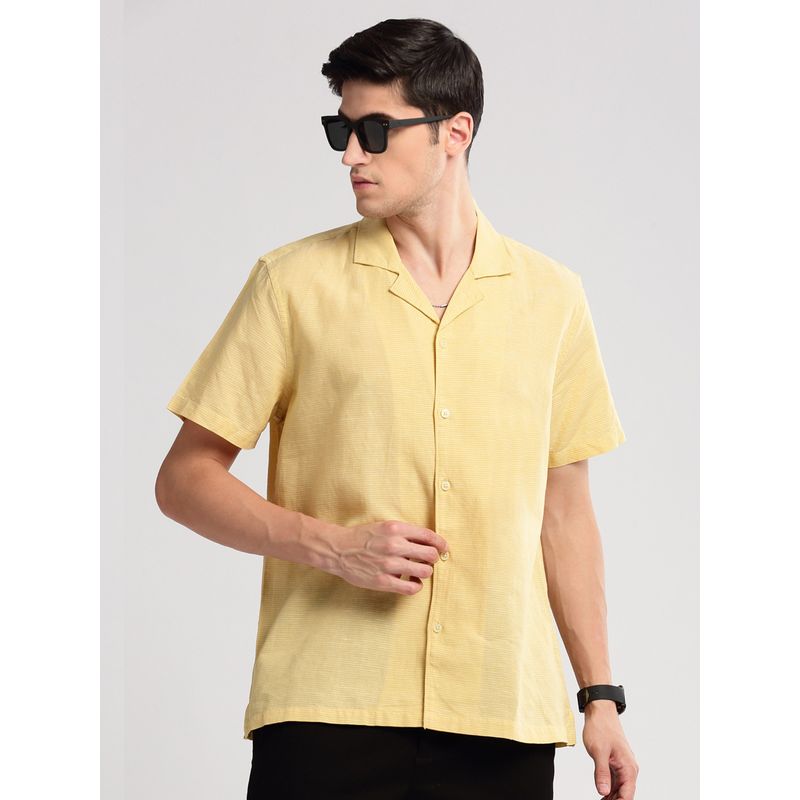 SHOWOFF Mens Short Sleeves Cuban Collar Cotton Horizontal Stripes Yellow Casual Shirt (L)