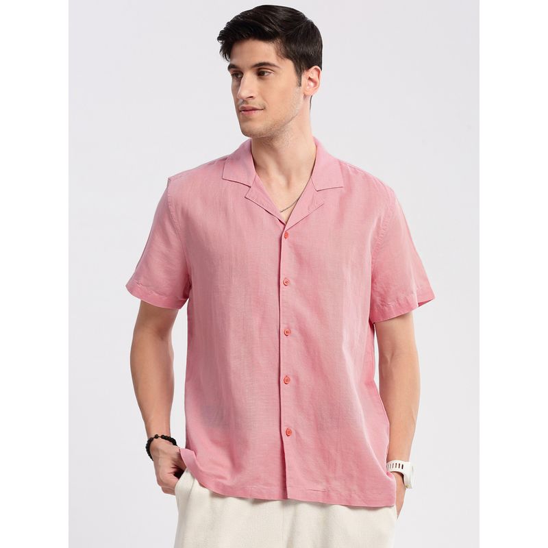 SHOWOFF Mens Short Sleeves Cuban Collar Cotton Solid Pink Casual Shirt (2XL)